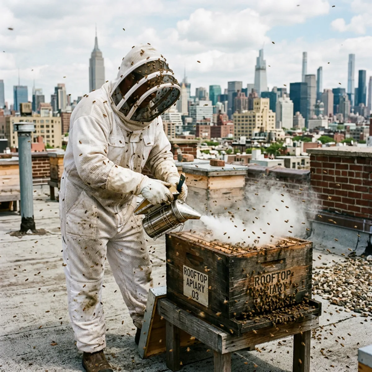Beekeeper dealing with a defensive colony