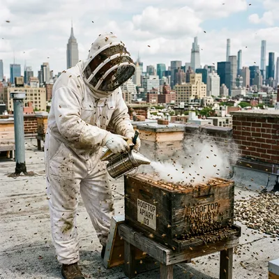 Beekeeper using a smoker on a defensive hive