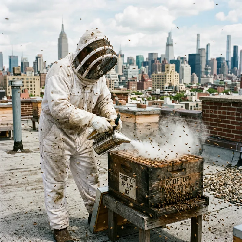 Beekeeper dealing with a defensive colony