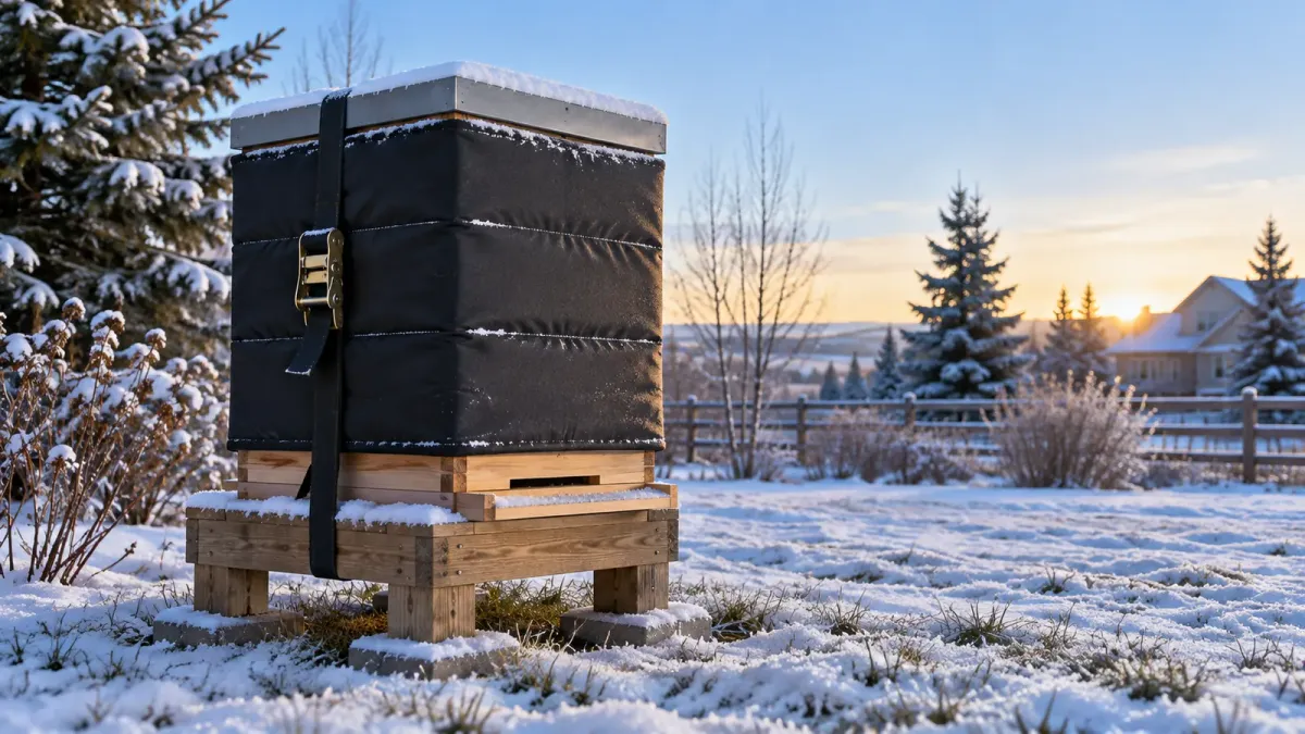 Illustrative insulated beehive secured with a strap in a snowy Alberta garden