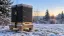 Illustrative insulated beehive secured with a strap in a snowy Alberta garden