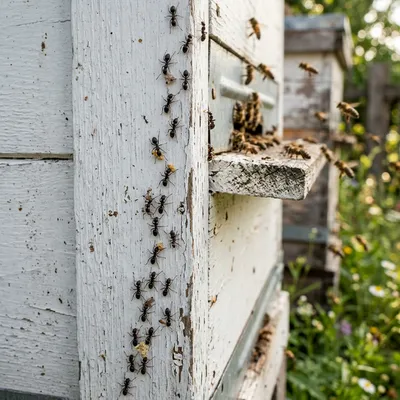 Ants crawling on the side of a wooden beehive