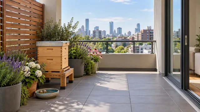 Illustrative recessed apartment terrace with a closed hive, privacy screen, water dish, and clear doorway.