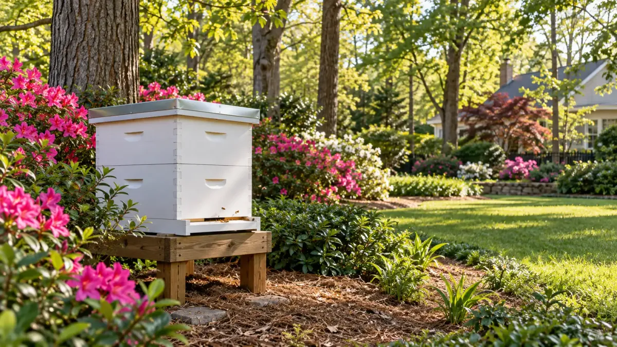Illustrative white beehive on a low stand in an Atlanta-inspired garden with hardwoods and azaleas.