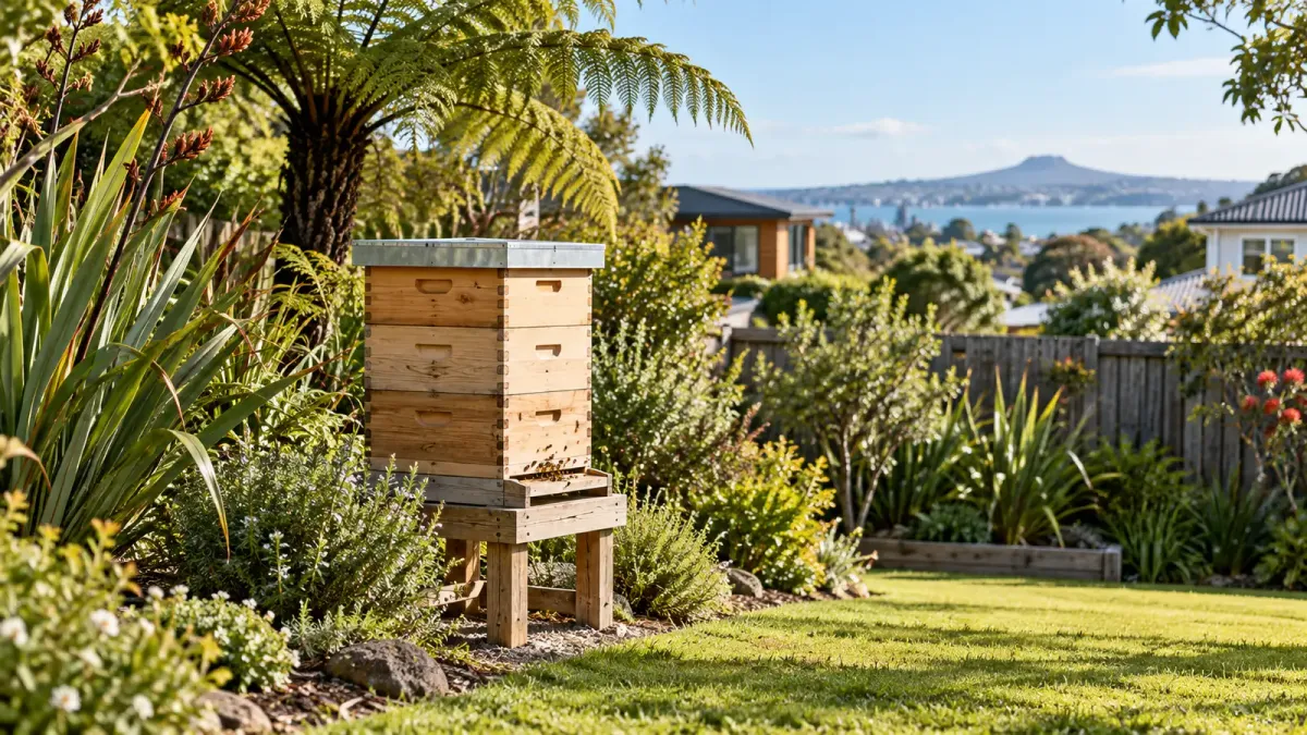 Illustrative beehive in an Auckland garden with native flax and tree ferns