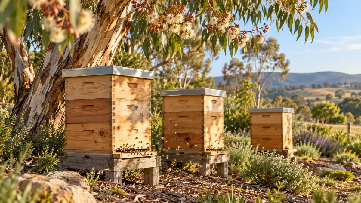 Illustrative Australian timber beehives beneath a flowering eucalyptus tree