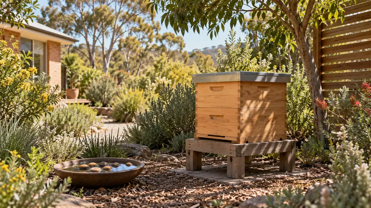 Illustration of timber beehives beside flowering plants in a dry garden
