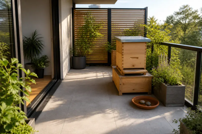 Illustrative compact beehive placed on an urban balcony