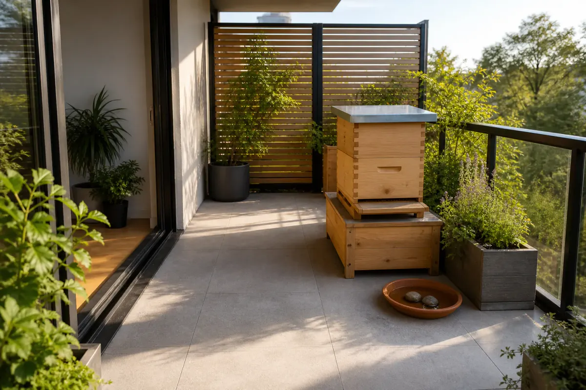 Illustration of a compact balcony hive with a clear doorway and working area