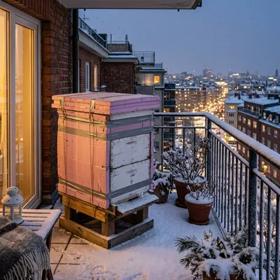 A beehive wrapped in pink foam insulation on a snowy balcony