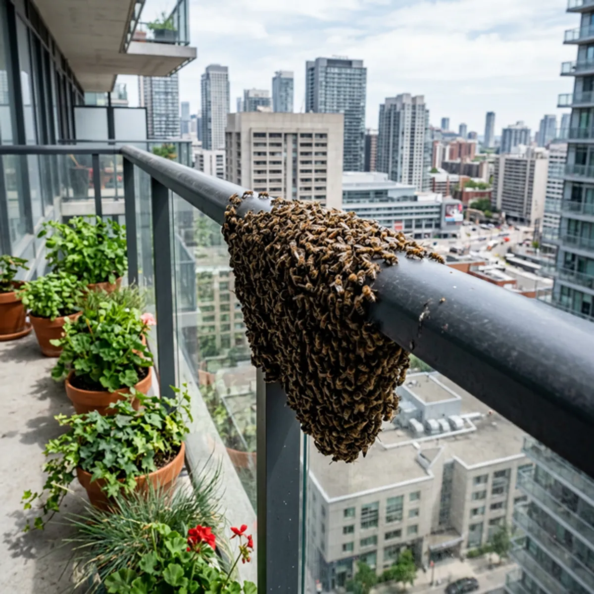 A thick cluster of bees hanging from a tree branch in an urban setting