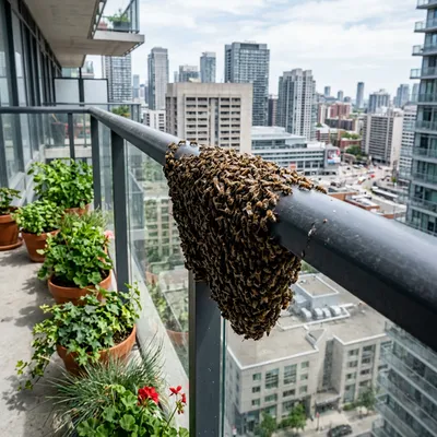 A thick cluster of bees hanging from a tree branch in an urban setting