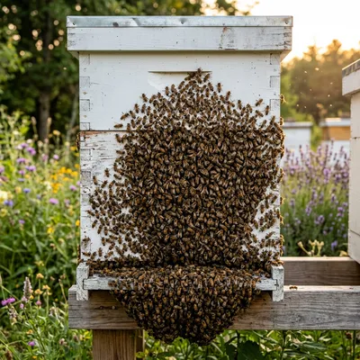 Thousands of honey bees clustered on the front of a white beehive