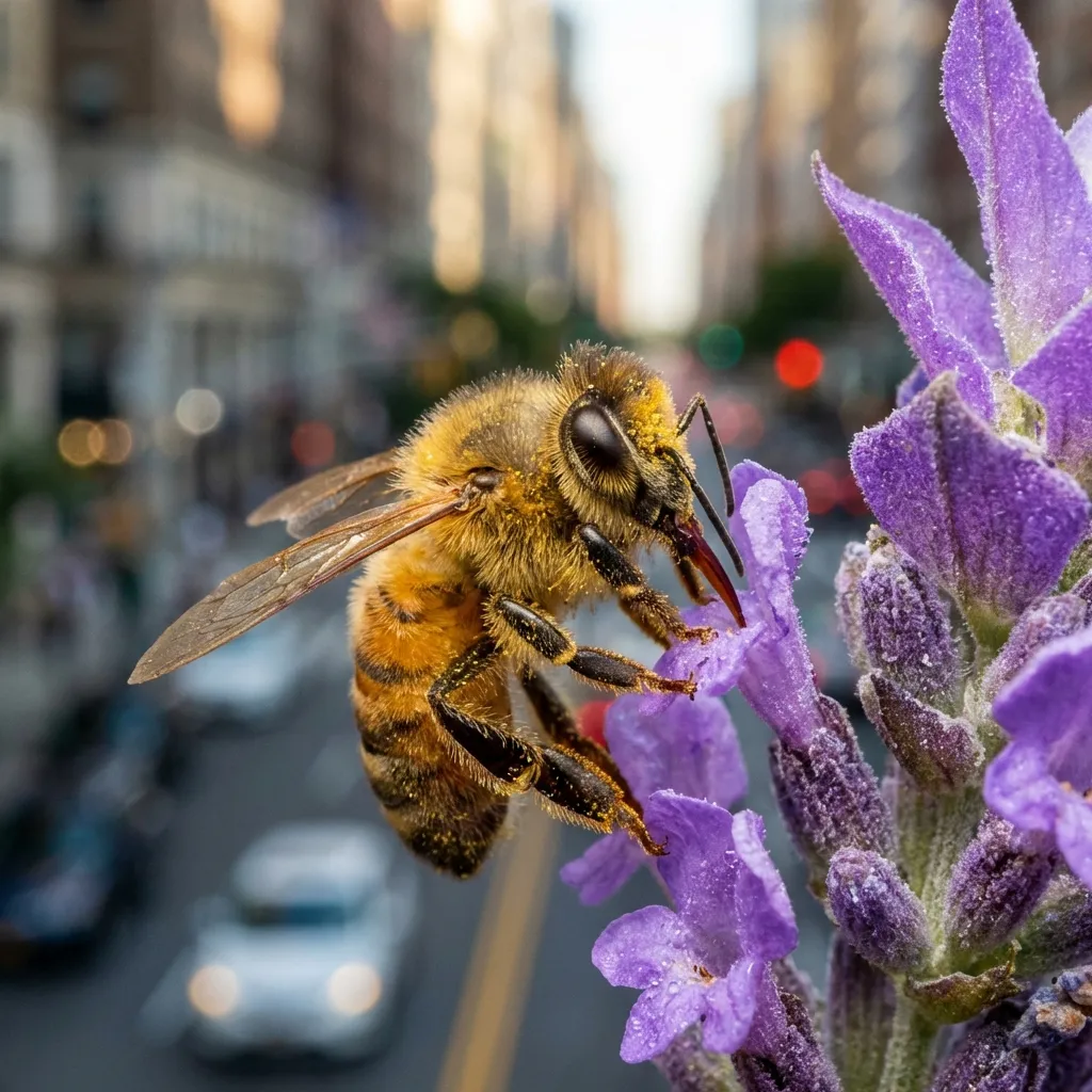 Honey bee foraging on garden flowers in a sunny Southern California yard