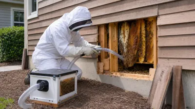 Professional bee removal specialist performing a live structural cutout from an exterior house wall.