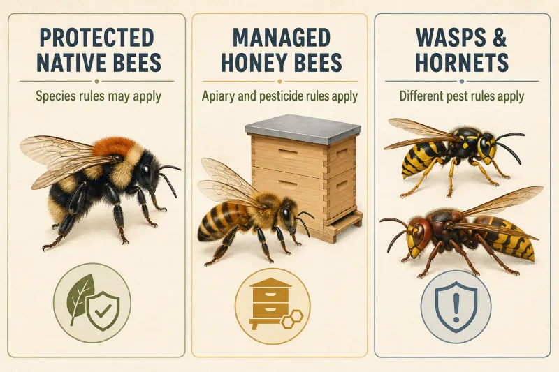 Infographic distinguishing legal protection status between honey bees, native pollinators, and wasps.