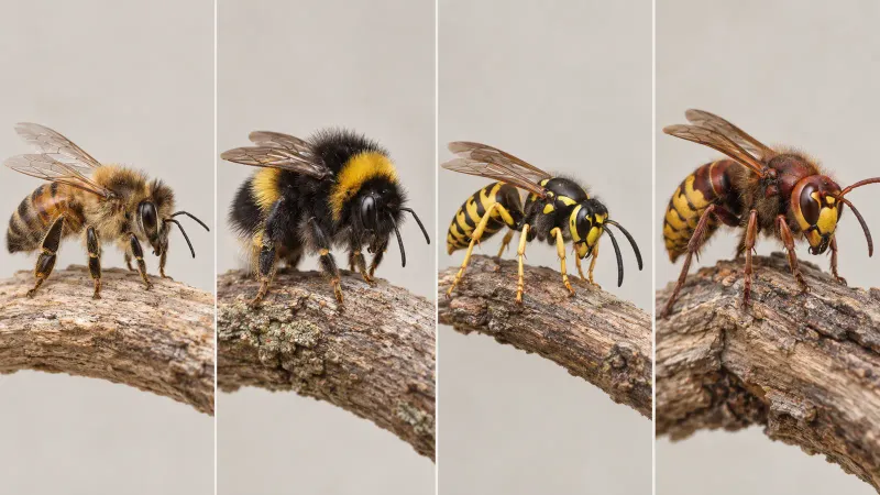 Illustrated honey bee, bumblebee, yellowjacket, and European hornet shown in four separate panels.