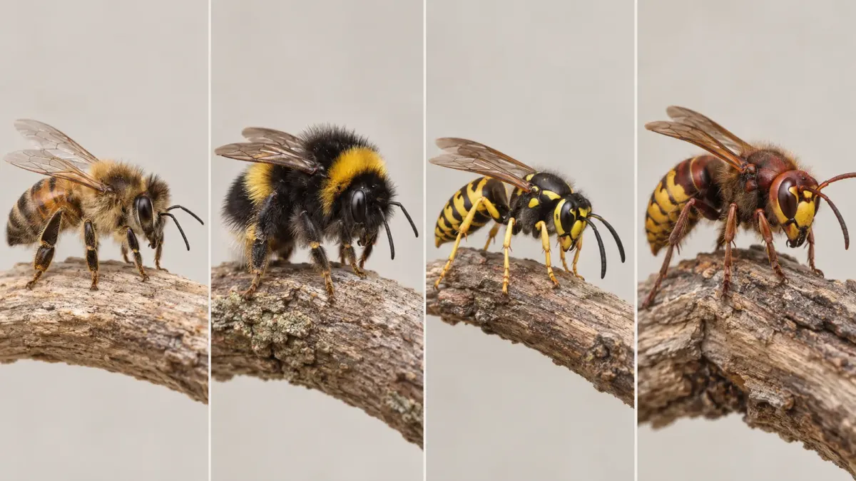 Illustrated honey bee, bumblebee, yellowjacket, and European hornet shown in four separate panels.