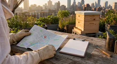 Beekeeper comparing an address map with local beekeeping regulations