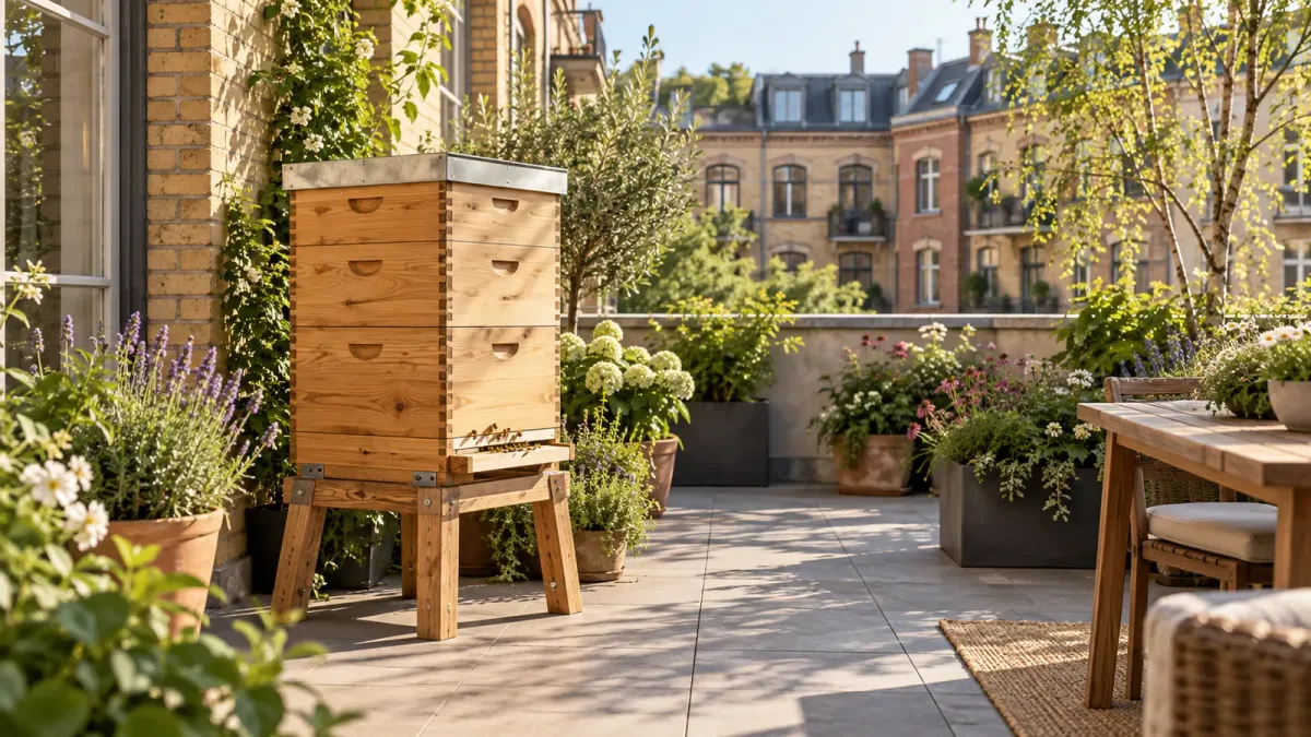 Illustrative wooden beehive on a spacious Berlin apartment terrace overlooking an Altbau courtyard