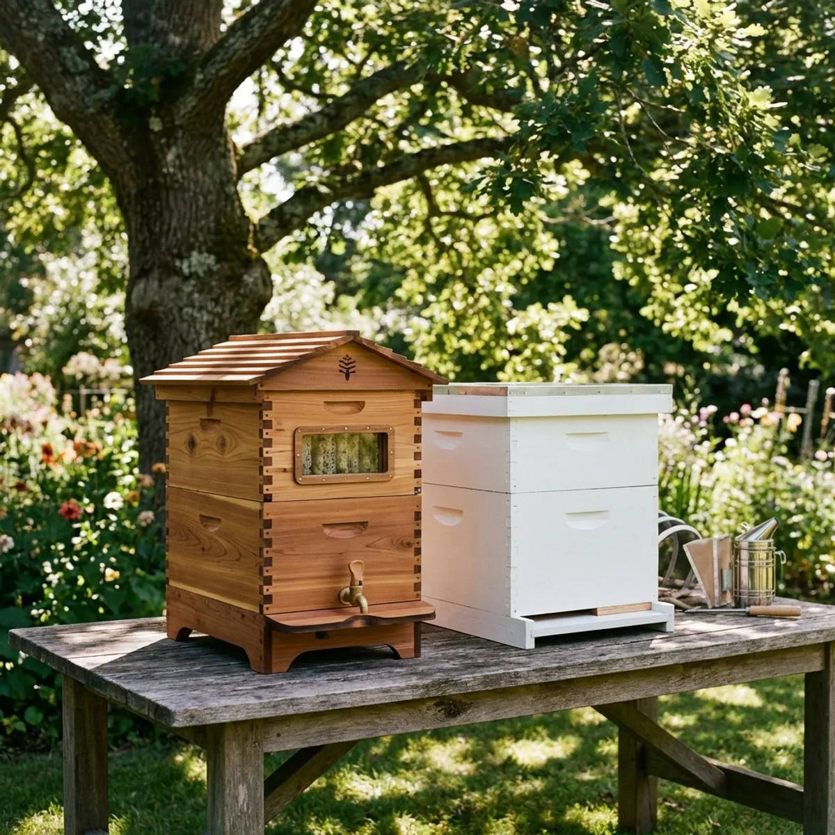 Three different beehives on a wooden deck