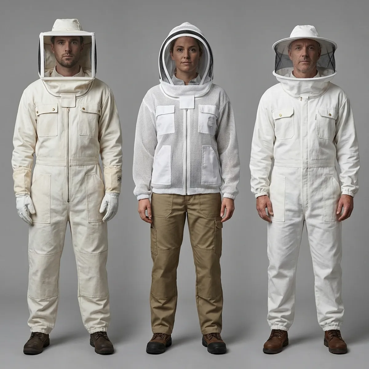 Beekeepers standing in white suits