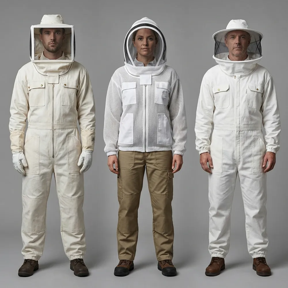 Beekeepers standing in white suits