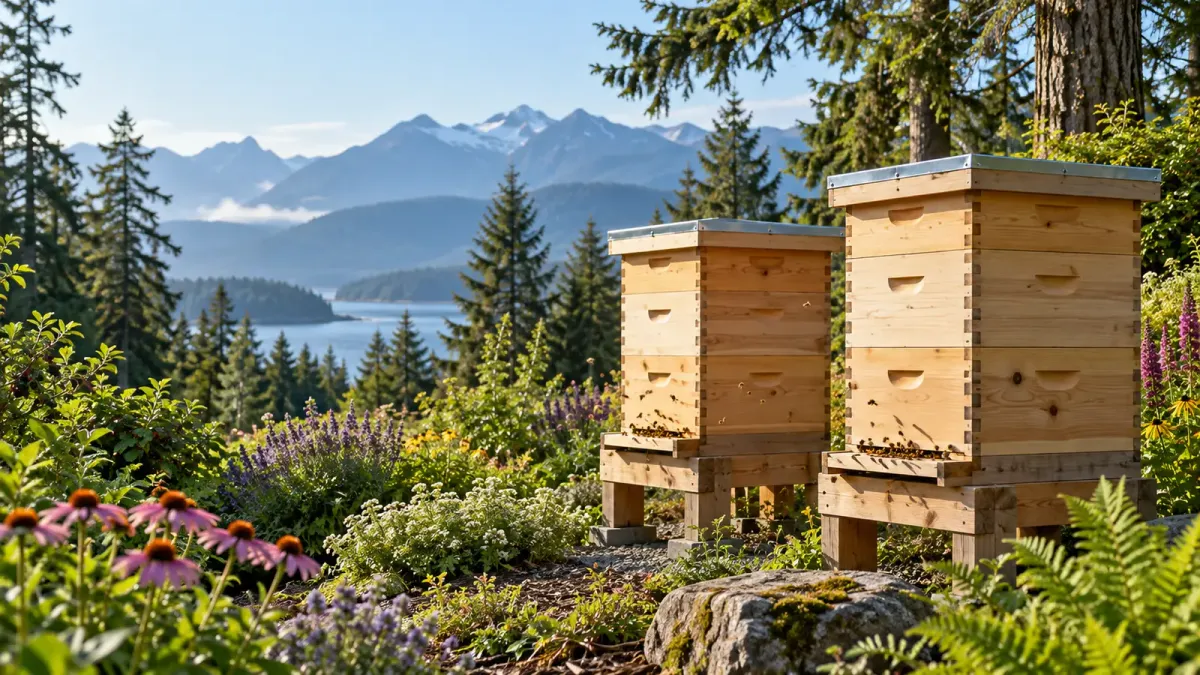 Illustration of a British Columbia garden apiary with timber hives and greenery
