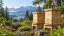 Illustrative timber beehives in a British Columbia garden with evergreen trees and distant mountains
