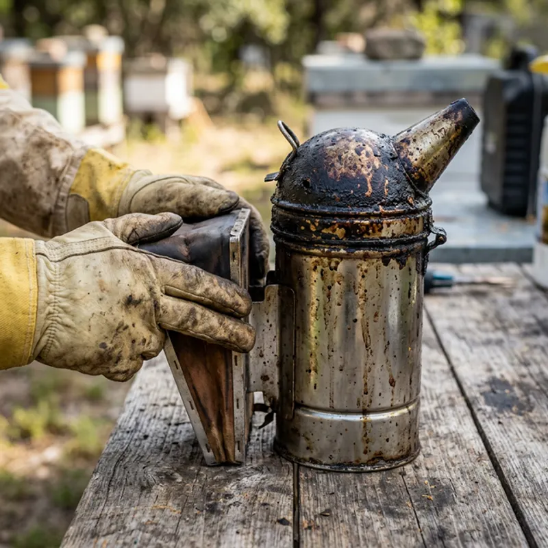 A beekeeper trying to pump a stainless steel smoker with a clogged nozzle