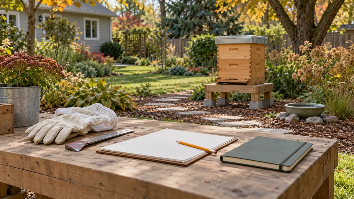 Illustration of apiary planning with a closed beehive, papers and a notebook in a Canadian garden