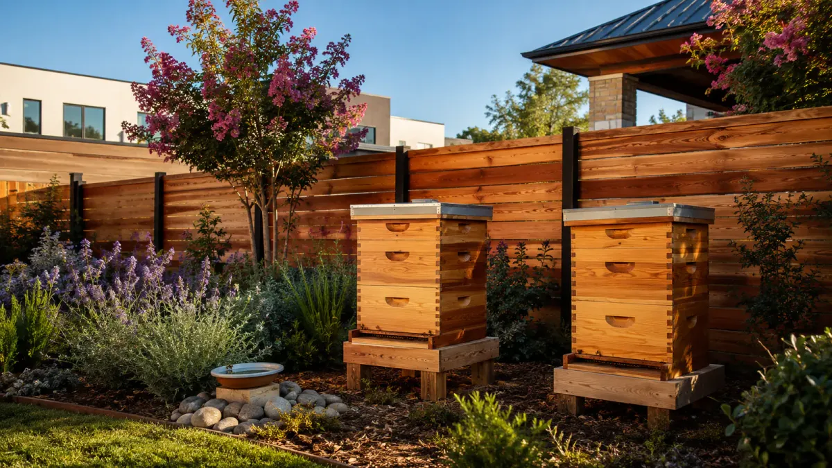 Backyard beehives positioned behind a privacy flyway barrier fence in a Dallas residential garden.