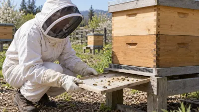 A veiled beekeeper checking debris on a removable inspection tray beneath a supported hive.