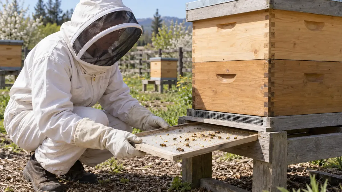 A veiled beekeeper checking debris on a removable inspection tray beneath a supported hive.