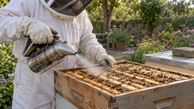A fully veiled beekeeper applying a small puff of smoker smoke across open hive top bars.