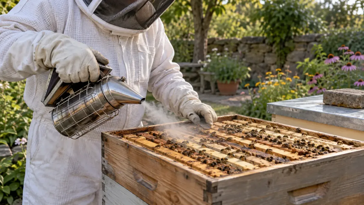 A fully veiled beekeeper applying a small puff of smoker smoke across open hive top bars.