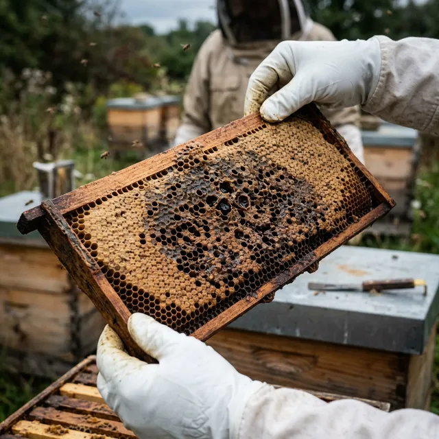 Dark, sunken, greasy-looking wax cappings over honeycomb cells