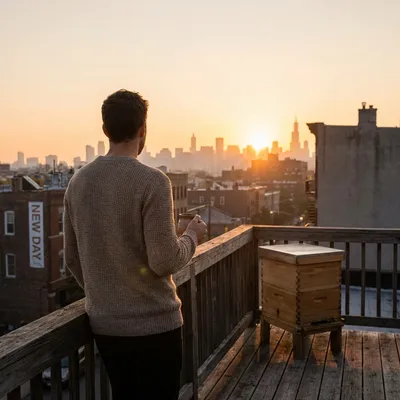 Beekeeper inspecting a frame on a city rooftop