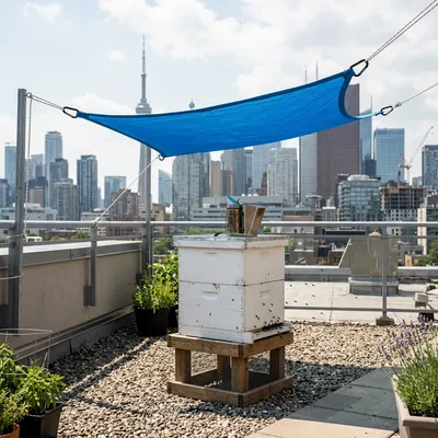 A white beehive protected by a blue shade sail on a city roof