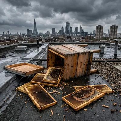 Several wooden beehives lined up in an apiary