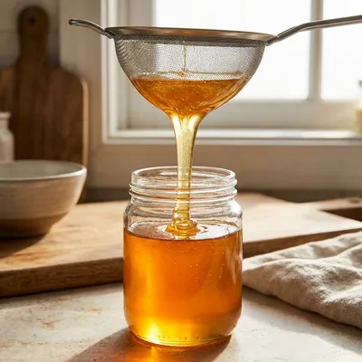 Jar of golden backyard honey ready for labeling and sale