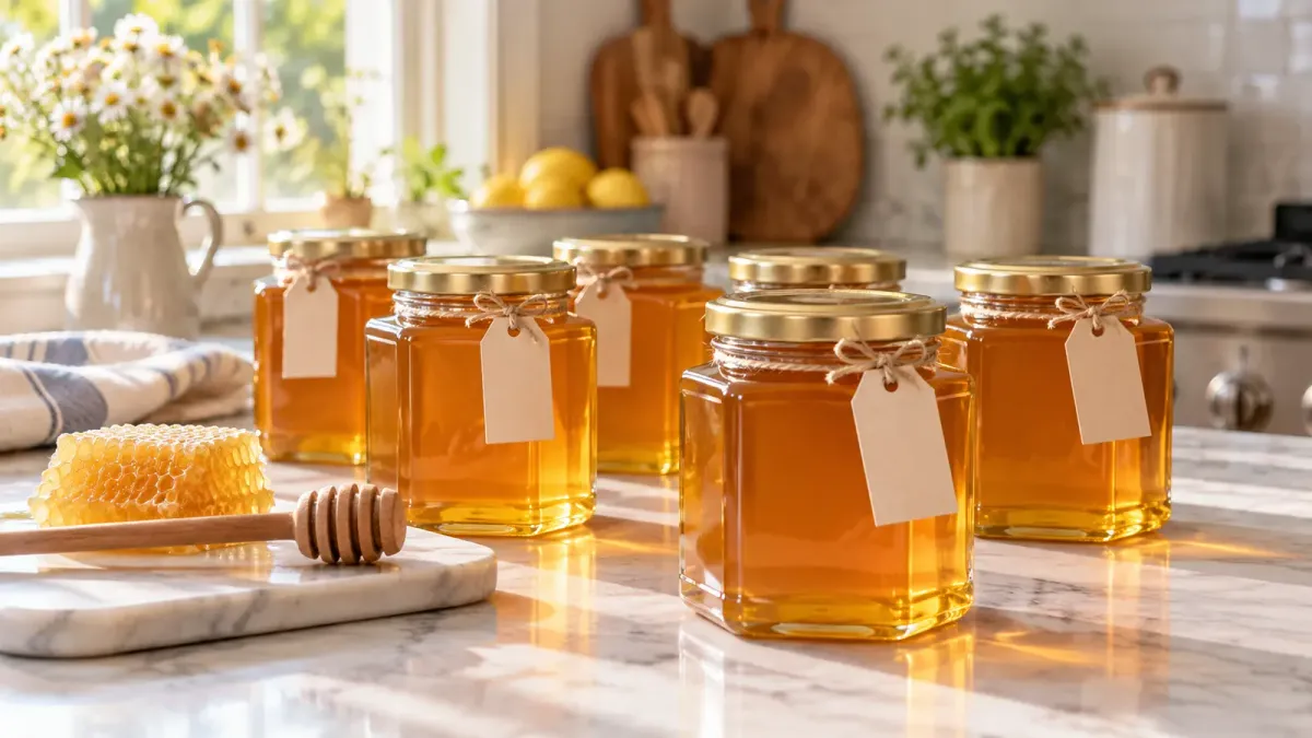Closed glass jars of amber honey on a kitchen counter beside honeycomb and a wooden dipper.