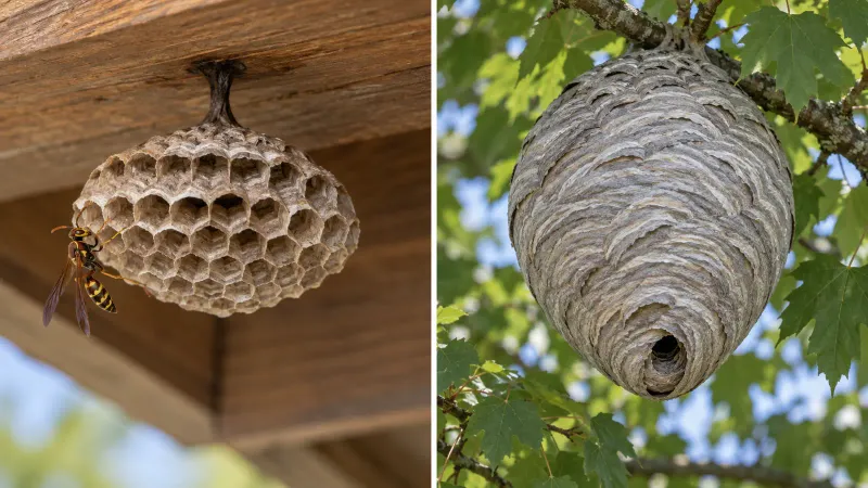 Illustrated open paper-wasp comb beside an enclosed gray bald-faced hornet nest.
