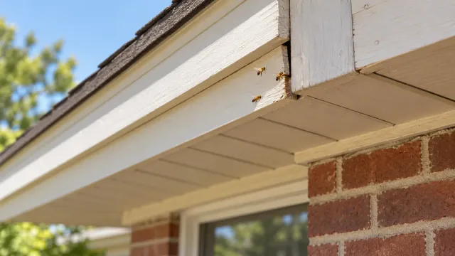 Illustrative honey bees investigating a small gap beside a wooden roof eave.