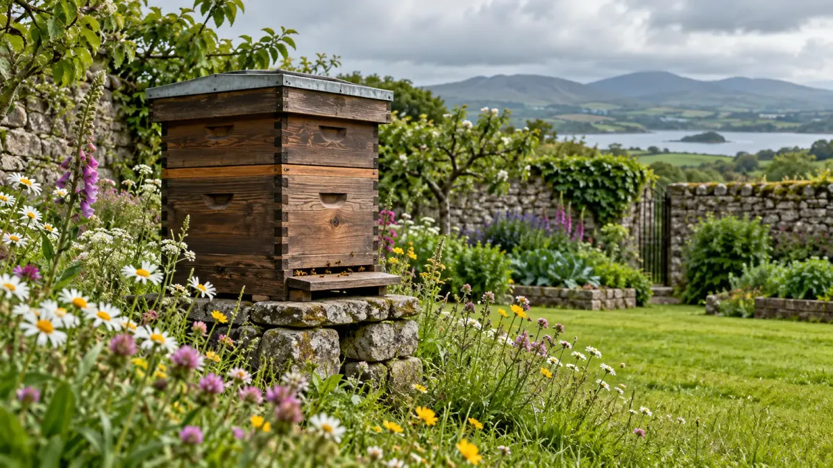 Illustrative dark timber beehive in an Irish walled garden with wildflowers