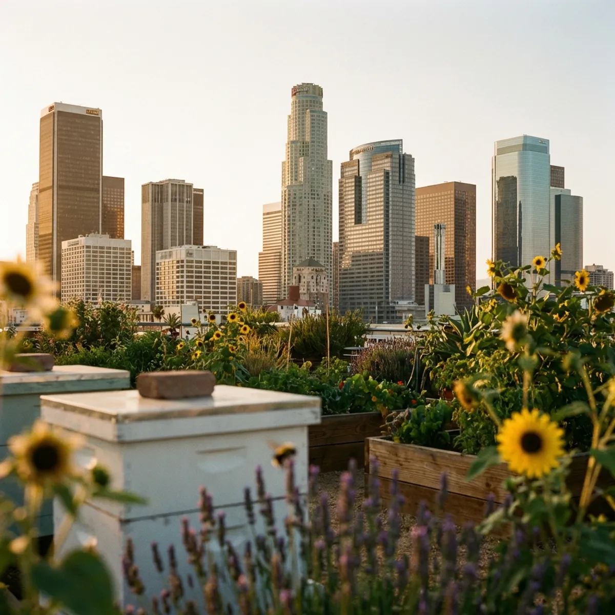 Los Angeles skyline with urban greenery