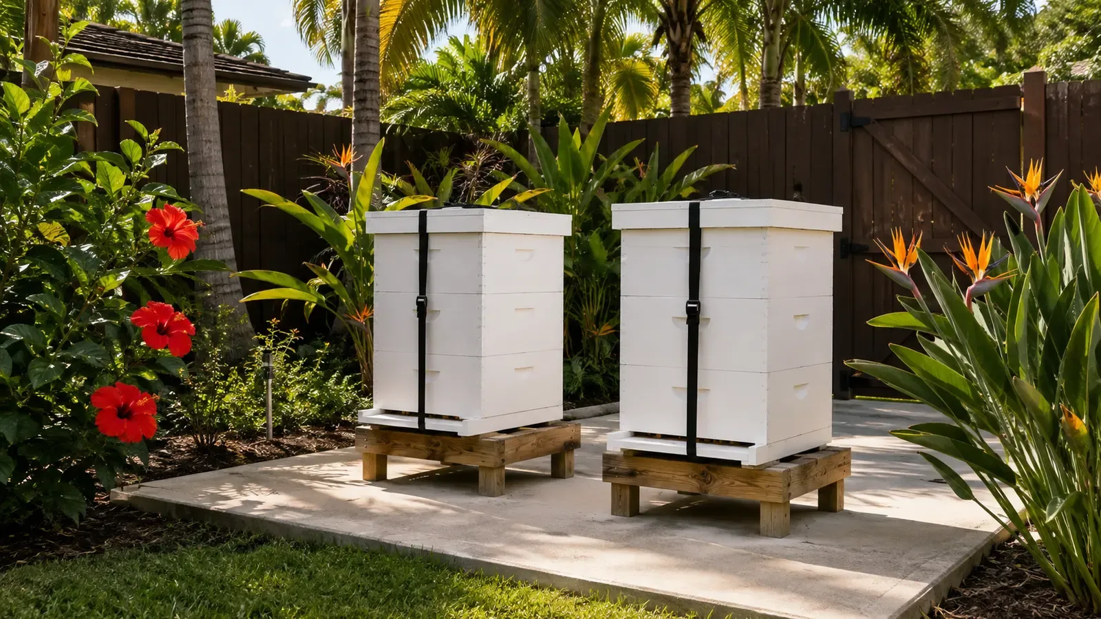 Two white beehives with securing straps on low stands in a tropical backyard garden.