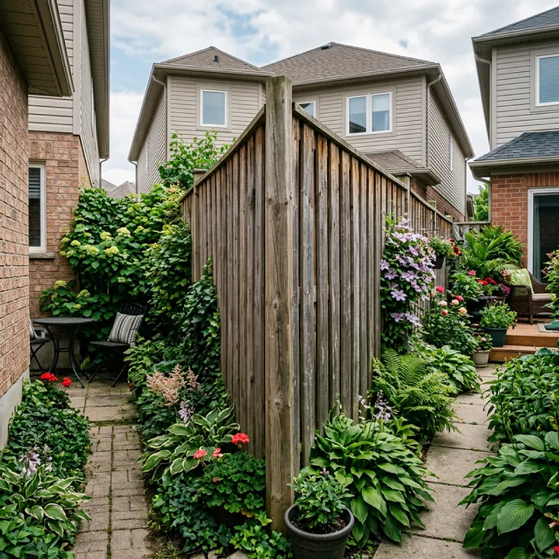 A wooden privacy fence separating two urban backyards