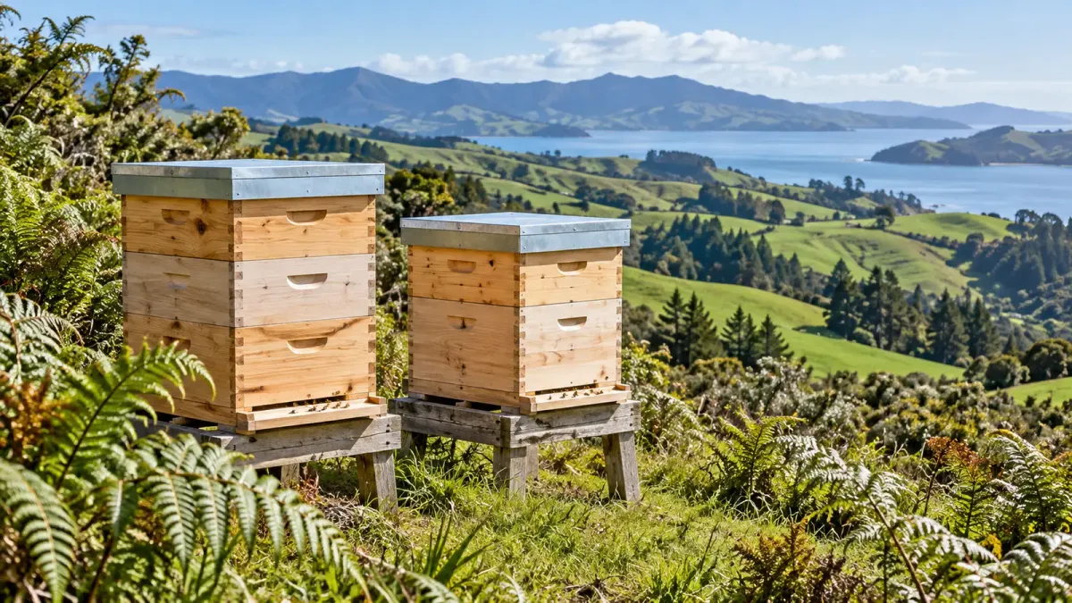 Illustration of a New Zealand garden apiary surrounded by green vegetation