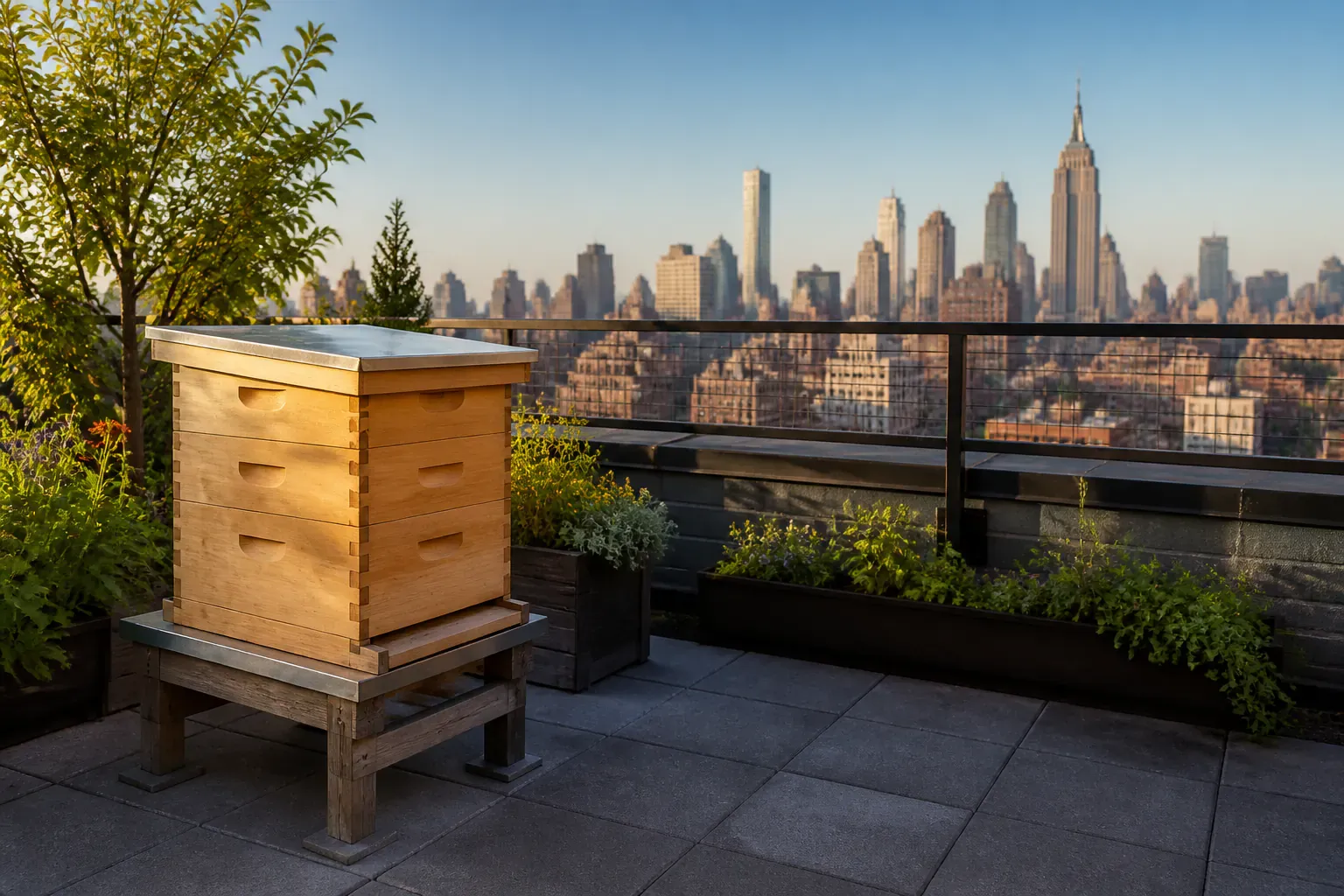 Illustrative rooftop hives with the NYC skyline